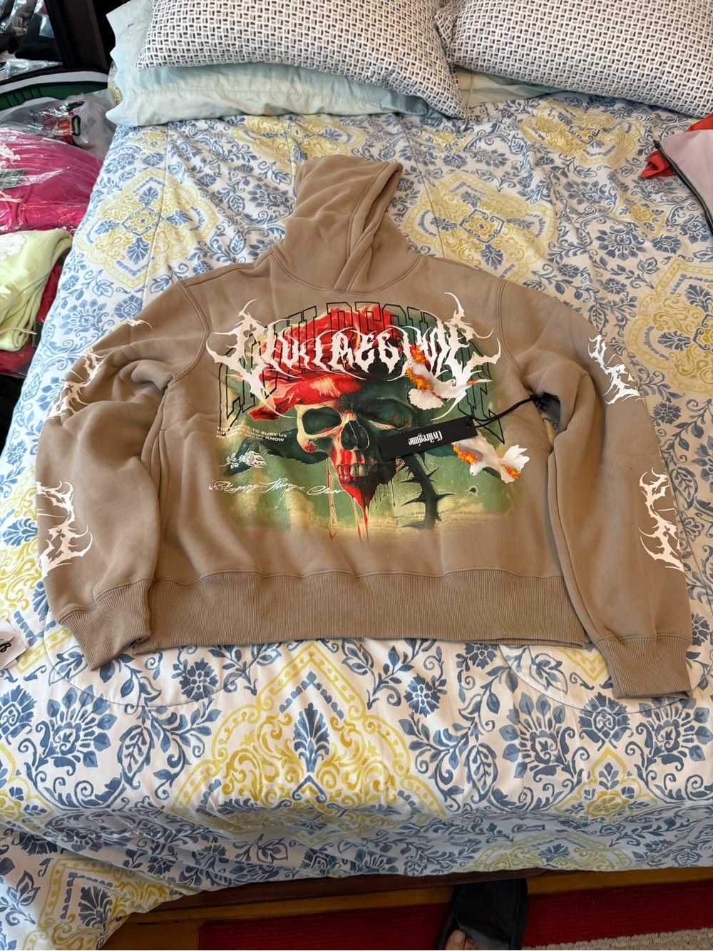 Civil Regime Inmortal Rose Chaos Tan Graphic Crewneck Hoodie with Skull Print